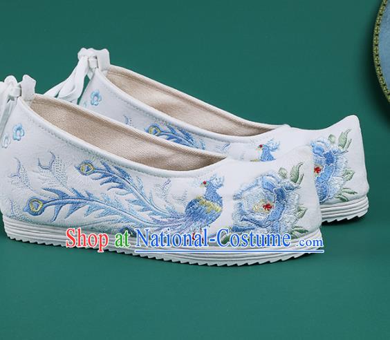 Chinese Traditional Embroidered Phoenix Peony White Shoes Hanfu Shoes Princess Shoes for Women