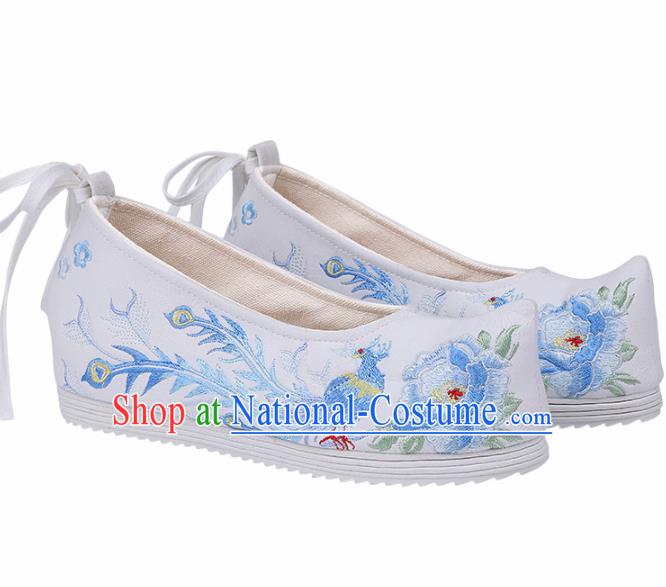 Chinese Traditional Embroidered Phoenix Peony White Shoes Hanfu Shoes Princess Shoes for Women