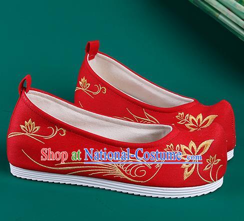 Chinese Traditional Embroidered Bird Lotus Red Shoes Hanfu Shoes Princess Shoes for Women