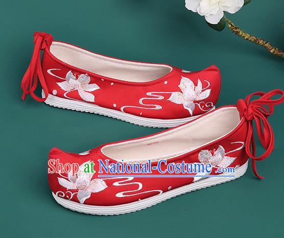 Chinese Traditional Embroidered Lotus Red Shoes Hanfu Shoes Princess Shoes for Women