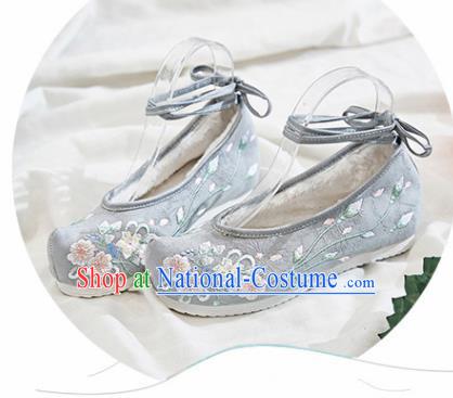 Traditional Chinese National Winter Shoes Embroidered Grey Shoes Hanfu Shoes for Women