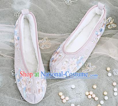 Traditional Chinese National Winter Shoes Pink Embroidered Shoes Hanfu Shoes for Women