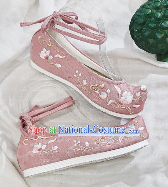 Traditional Chinese National Winter Shoes Embroidered Magnolia Pink Shoes Hanfu Shoes for Women