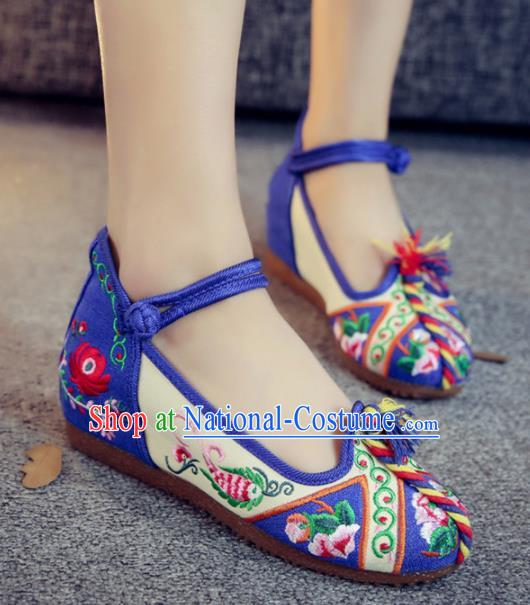 Traditional Chinese National Blue Shoes Embroidered Shoes Hanfu Shoes for Women