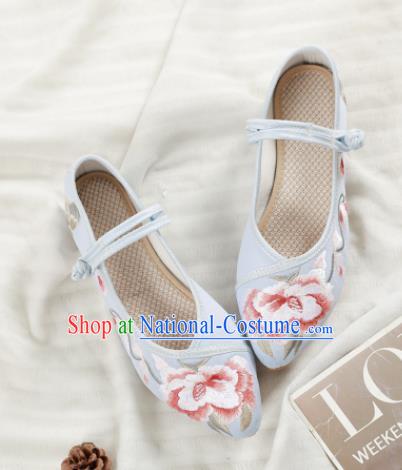 Traditional Chinese National Embroidery Peony Light Blue Shoes Embroidered Shoes Hanfu Shoes for Women