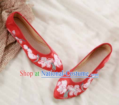 Traditional Chinese National Embroidery Peach Flowers Red Shoes Embroidered Shoes Hanfu Shoes for Women