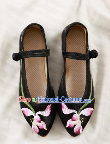 Traditional Chinese National Embroidery Lotus Black Shoes Embroidered Shoes Hanfu Shoes for Women