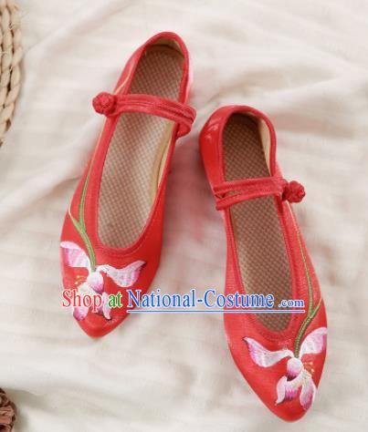 Traditional Chinese National Embroidery Lotus Red Shoes Embroidered Shoes Hanfu Shoes for Women