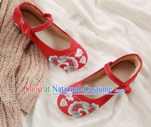 Traditional Chinese Embroidery Lotus Red Shoes National Embroidered Shoes Hanfu Shoes for Women