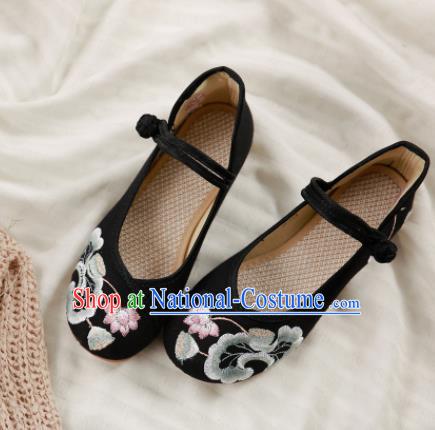 Traditional Chinese Embroidery Lotus Black Shoes National Embroidered Shoes Hanfu Shoes for Women