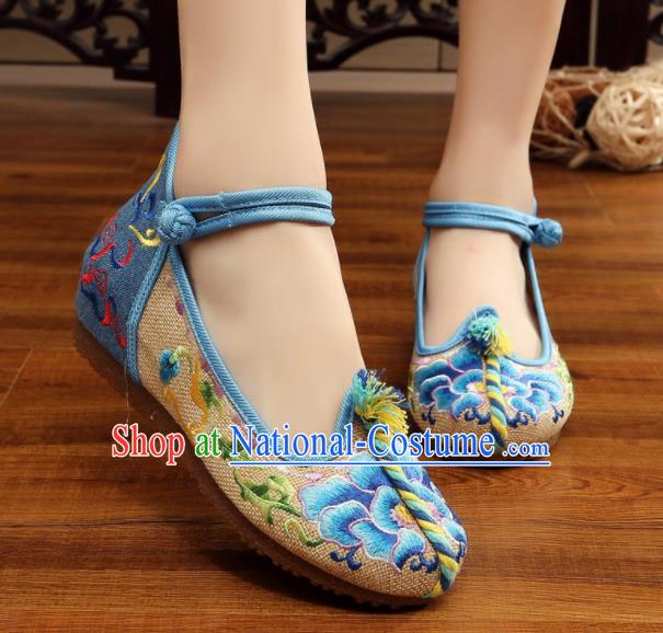 Traditional Chinese Old Beijing Embroidery Peony Beige Shoes National Embroidered Shoes Hanfu Shoes for Women