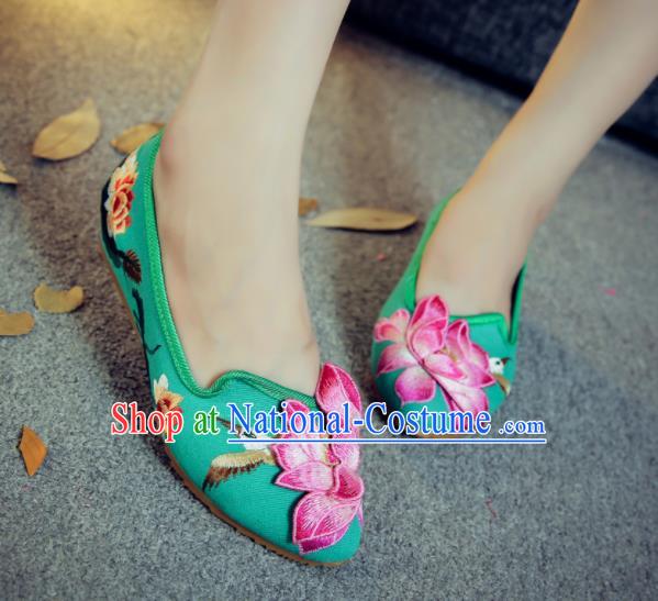 Traditional Chinese Embroidery Lotus Green Shoes Embroidered Shoes Cloth Shoes for Women