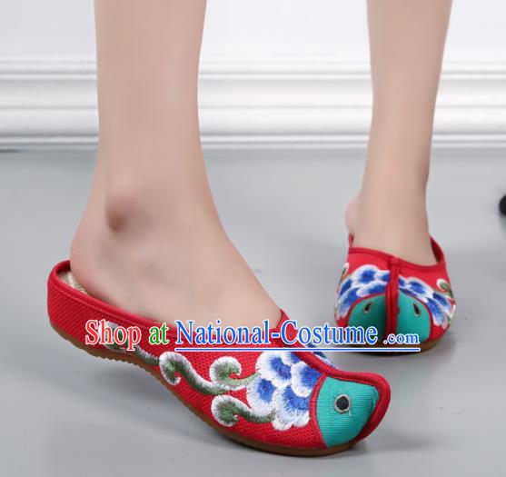 Traditional Chinese Fish Head Red Shoes Embroidered Shoes Cloth Shoes for Women