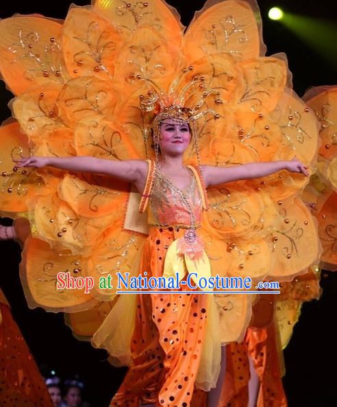 Chinese Impression of Suzhou Classical Flower Dance Orange Dress Stage Performance Costume and Headpiece for Women