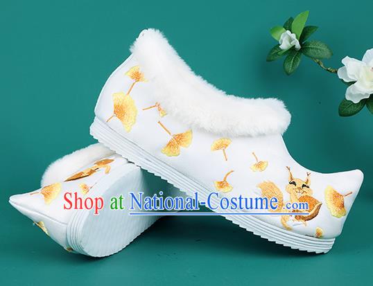 Chinese Traditional Winter Embroidered Ginkgo Squirrel White Shoes Hanfu Shoes Princess Shoes for Women