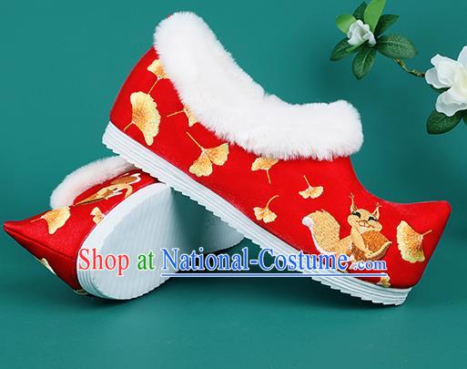 Chinese Traditional Winter Embroidered Ginkgo Squirrel Red Shoes Hanfu Shoes Princess Shoes for Women