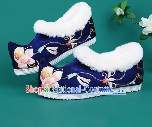 Chinese Traditional Embroidered Flowers Winter Royalblue Boots Hanfu Shoes Cloth Boots for Women