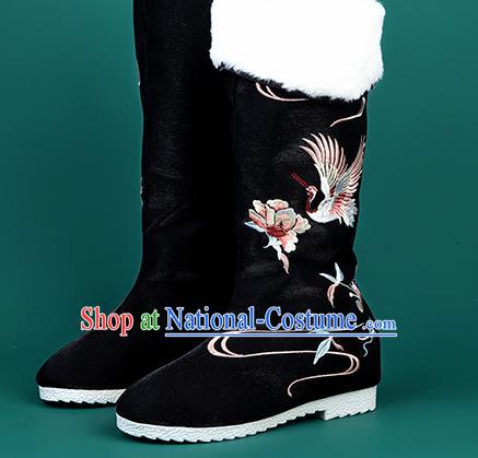 Chinese Traditional Embroidered Crane Black High Boots Hanfu Shoes Cloth Boots for Women