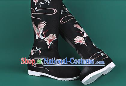 Chinese Traditional Embroidered Crane Black High Boots Hanfu Shoes Cloth Boots for Women