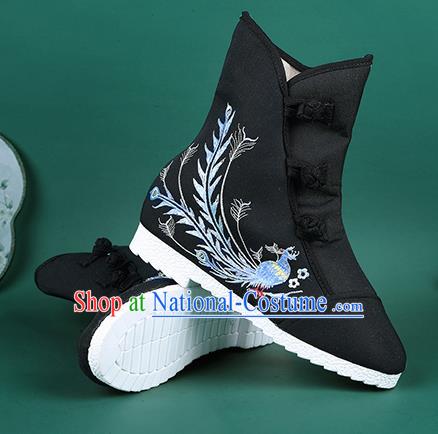 Handmade Chinese Traditional Embroidered Phoenix Black Boots Hanfu Shoes Cloth Boots for Women