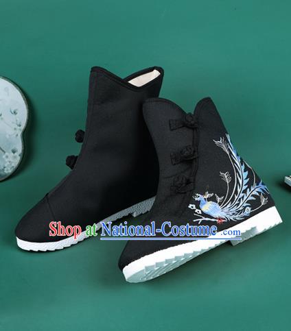 Handmade Chinese Traditional Embroidered Phoenix Black Boots Hanfu Shoes Cloth Boots for Women