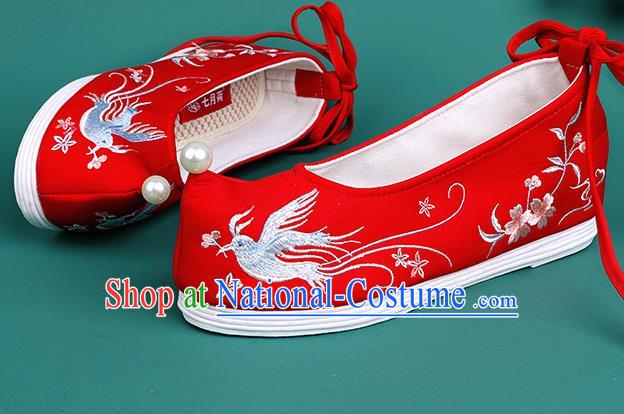 Chinese Traditional Embroidered Swallow Red Shoes Hanfu Pearl Shoes Princess Shoes for Women