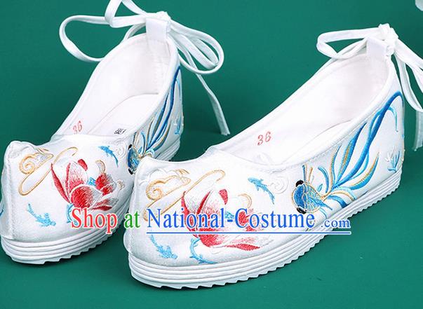 Chinese Traditional Embroidered Goldfish Lotus White Shoes Hanfu Shoes Princess Shoes for Women