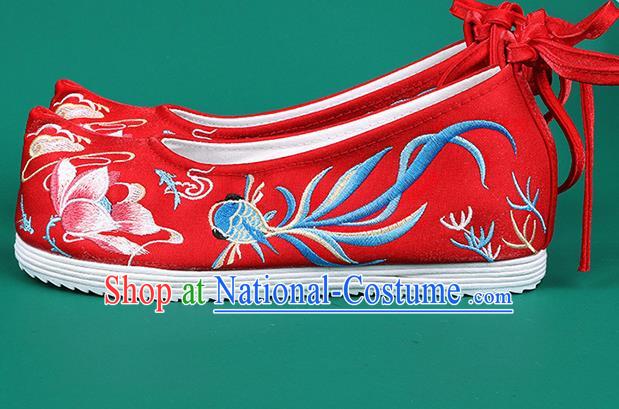 Chinese Traditional Embroidered Goldfish Lotus Red Shoes Hanfu Shoes Princess Shoes for Women