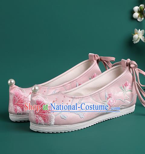 Chinese Pearl Shoes Traditional Wedding Pink Embroidered Shoes Hanfu Shoes Princess Shoes for Women