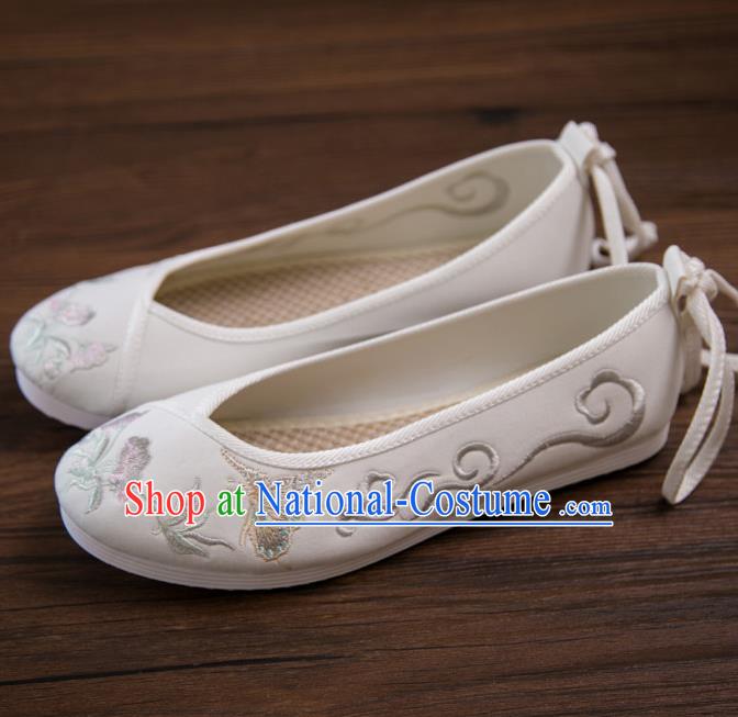 Traditional Chinese Handmade Hanfu Shoes Embroidered Butterfly Orchid White Shoes Cloth Shoes for Women