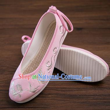 Traditional Chinese Handmade Hanfu Shoes Embroidered Butterfly Orchid Pink Shoes Cloth Shoes for Women