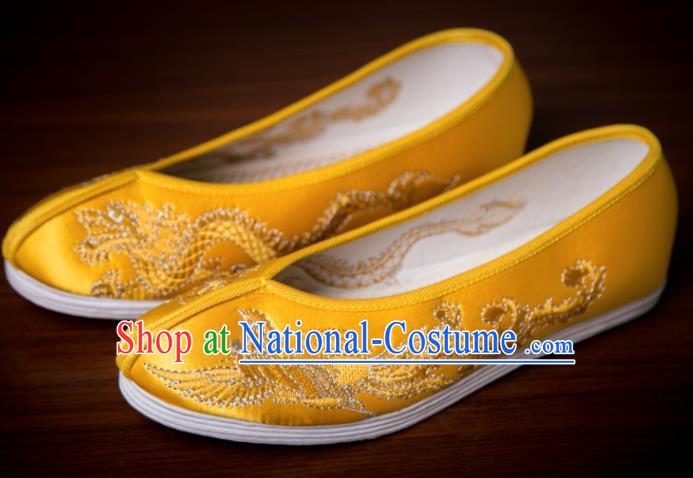 Traditional Chinese Handmade Golden Satin Shoes Hanfu Shoes Embroidered Shoes for Women