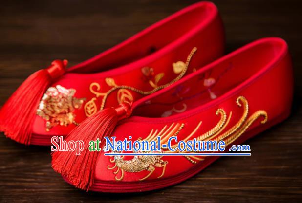 Traditional Chinese Handmade Wedding Red Satin Shoes Hanfu Shoes Embroidered Shoes for Women