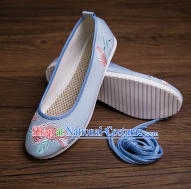 Traditional Chinese Handmade Hanfu Shoes Blue Embroidered Shoes Cloth Shoes for Women