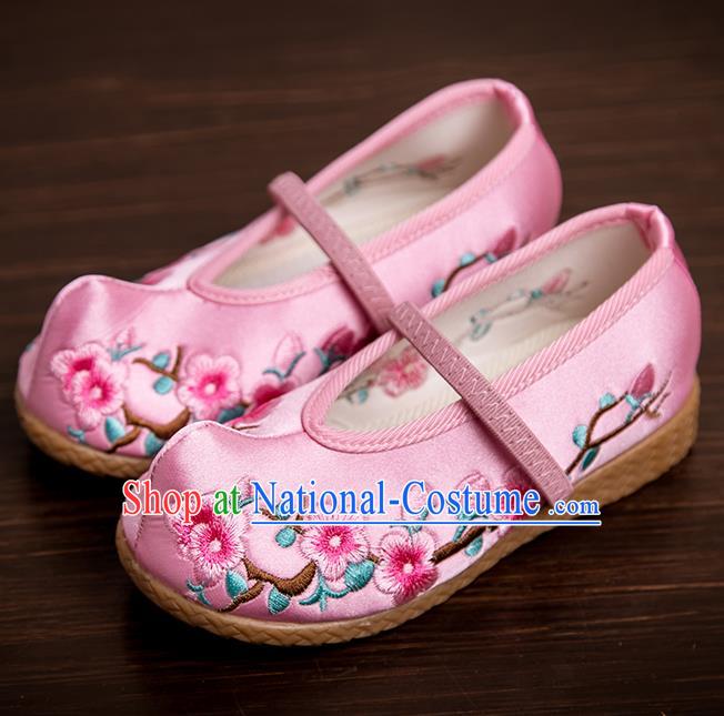 Handmade Chinese National Shoes Traditional New Year Pink Embroidered Shoes Hanfu Shoes for Kids