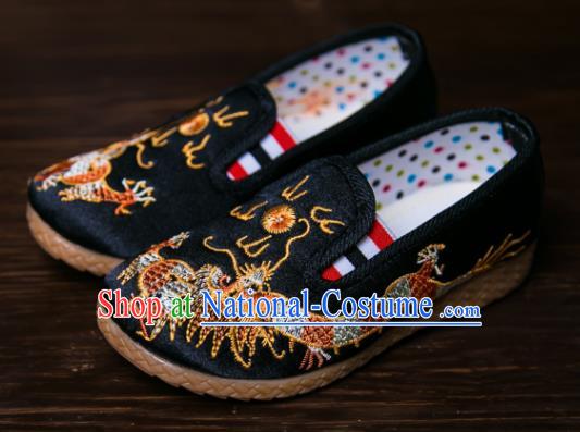 Handmade Chinese Traditional New Year Embroidered Dragon Black Shoes National Shoes Hanfu Shoes for Kids