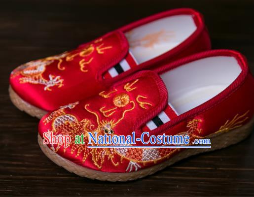 Handmade Chinese Traditional New Year Embroidered Dragon Red Shoes National Shoes Hanfu Shoes for Kids