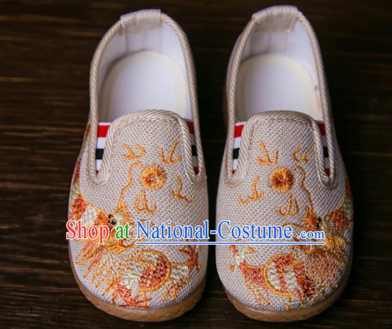 Handmade Chinese Traditional Beige Canvas Embroidered Dragon Shoes New Year National Shoes Hanfu Shoes for Kids