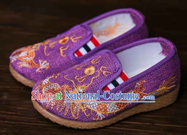 Handmade Chinese Traditional Purple Canvas Embroidered Dragon Shoes New Year National Shoes Hanfu Shoes for Kids