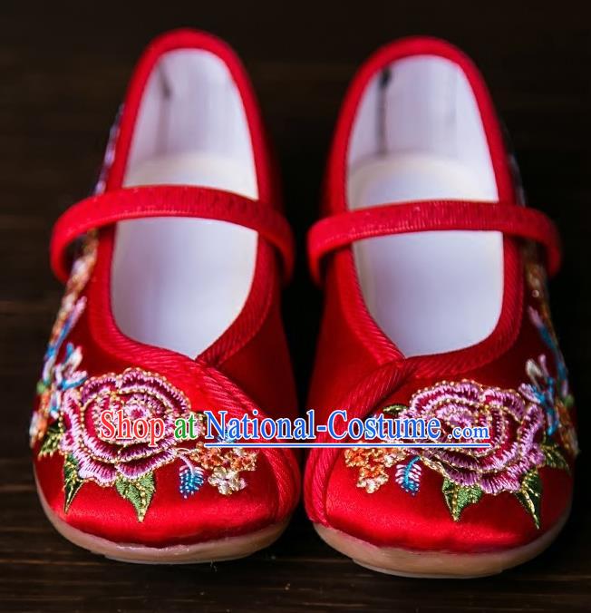 Handmade Chinese Traditional Red Satin Embroidered Shoes New Year National Shoes Hanfu Shoes for Kids