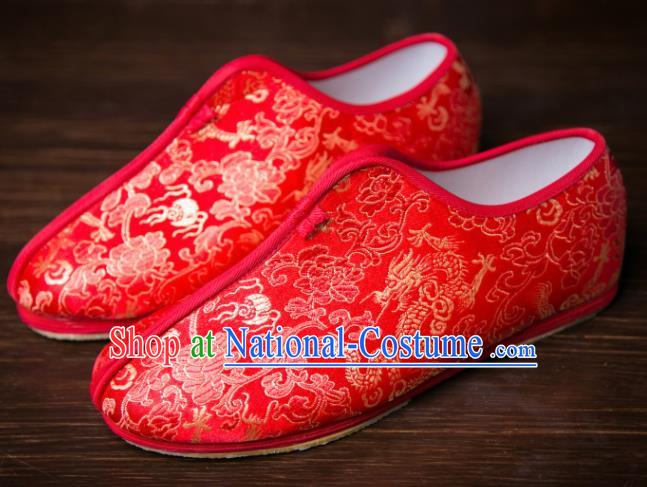 Handmade Chinese Bridegroom Red Shoes Traditional Kung Fu Embroidered Shoes Hanfu Shoes for Men