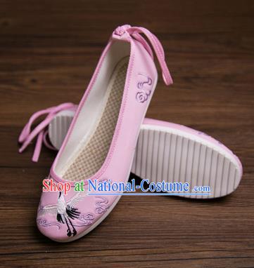 Traditional Chinese Handmade Hanfu Shoes Embroidered Crane Pink Shoes Cloth Shoes for Women