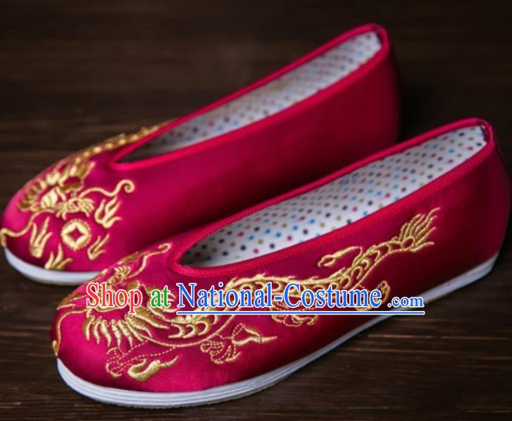 Handmade Chinese Bridegroom Embroidered Dragon Wine Red Shoes Traditional Kung Fu Shoes Hanfu Shoes for Men