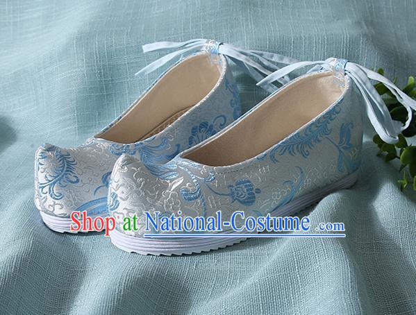 Traditional Chinese Blue Brocade Shoes Handmade Wedding Shoes Hanfu Shoes Princess Shoes for Women