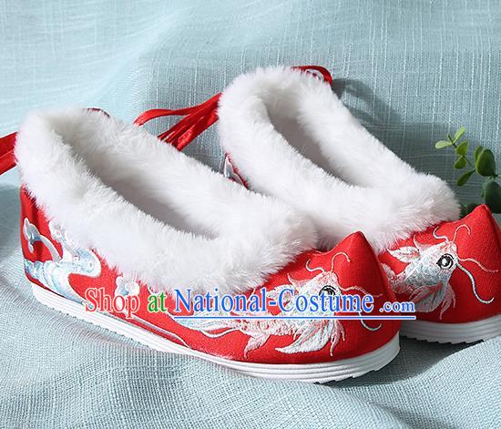 Traditional Chinese Handmade Embroidered Goldfish Red Shoes Wedding Shoes Hanfu Shoes Princess Shoes for Women