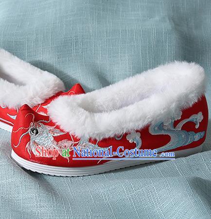 Traditional Chinese Handmade Embroidered Goldfish Red Shoes Wedding Shoes Hanfu Shoes Princess Shoes for Women