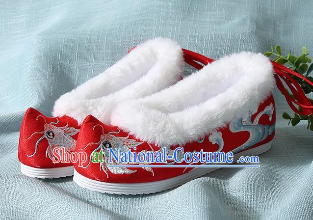 Traditional Chinese Handmade Embroidered Goldfish Red Shoes Wedding Shoes Hanfu Shoes Princess Shoes for Women