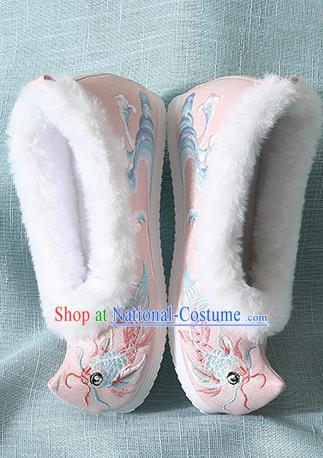 Traditional Chinese Handmade Embroidered Goldfish Pink Shoes Wedding Shoes Hanfu Shoes Princess Shoes for Women