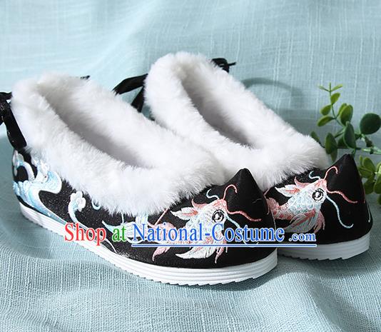 Traditional Chinese Handmade Embroidered Goldfish Black Shoes Wedding Shoes Hanfu Shoes Princess Shoes for Women