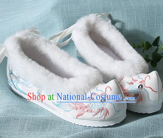 Traditional Chinese Handmade Embroidered Goldfish White Shoes Wedding Shoes Hanfu Shoes Princess Shoes for Women